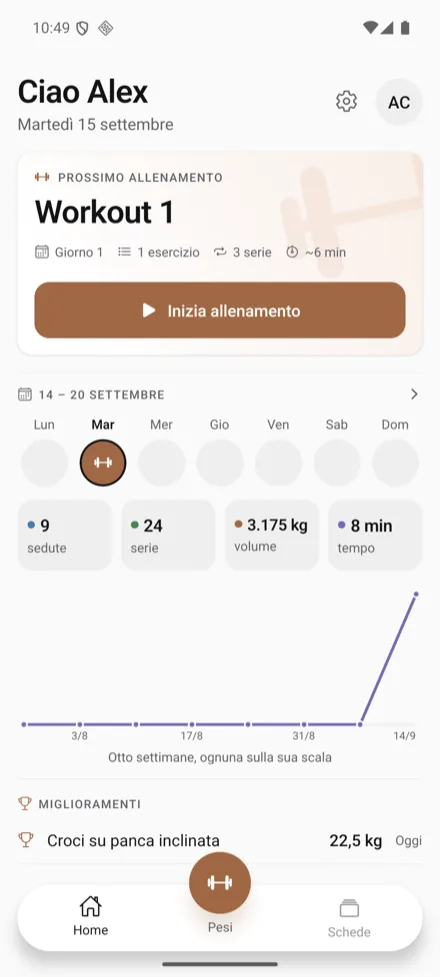 The home screen: your next workout, the week and recent improvements.