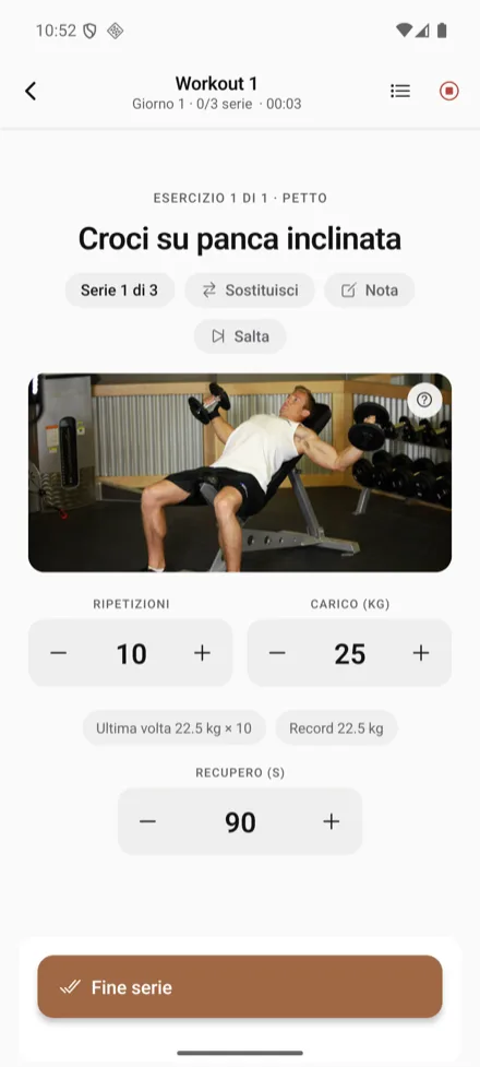 A workout in progress: one set at a time, with form photos and weights.